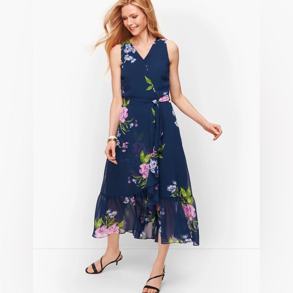Talbots Navy Georgette Painterly Floral Wrap Dress‎